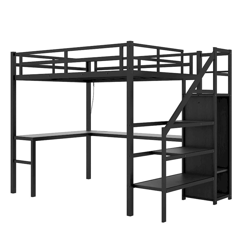 Full XL Size Metal Loft Bed with L-shaped Desk & USB