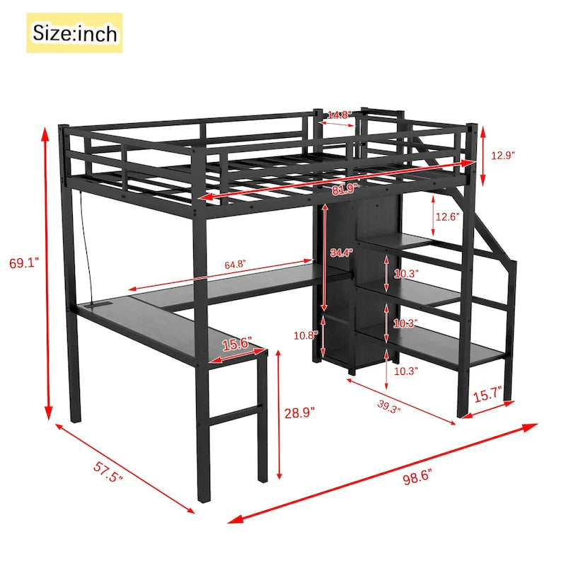 Full XL Size Metal Loft Bed with L-shaped Desk & USB