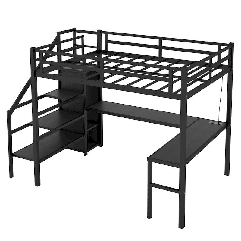 Full XL Size Metal Loft Bed with L-shaped Desk & USB