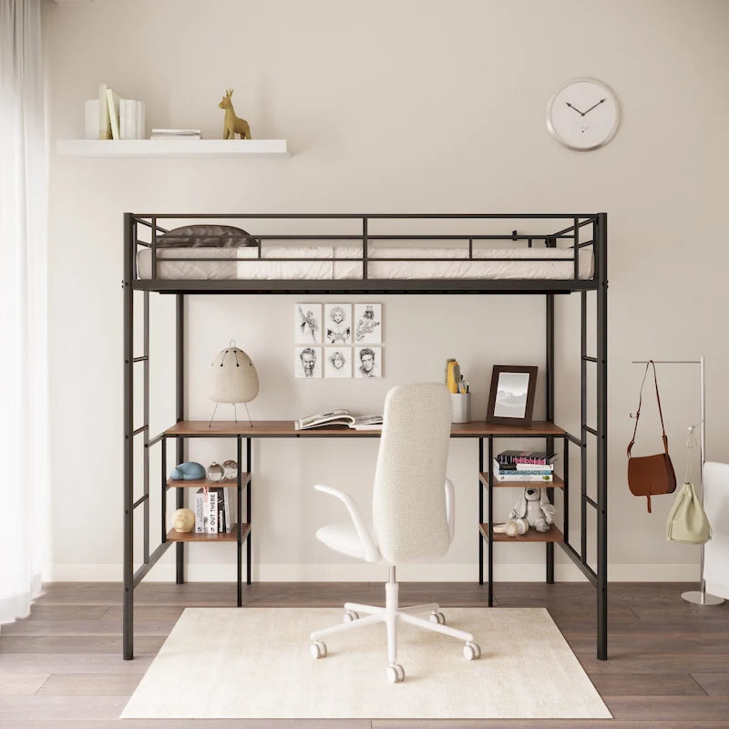 Twin Metal Loft Bed with Table & Shelves
