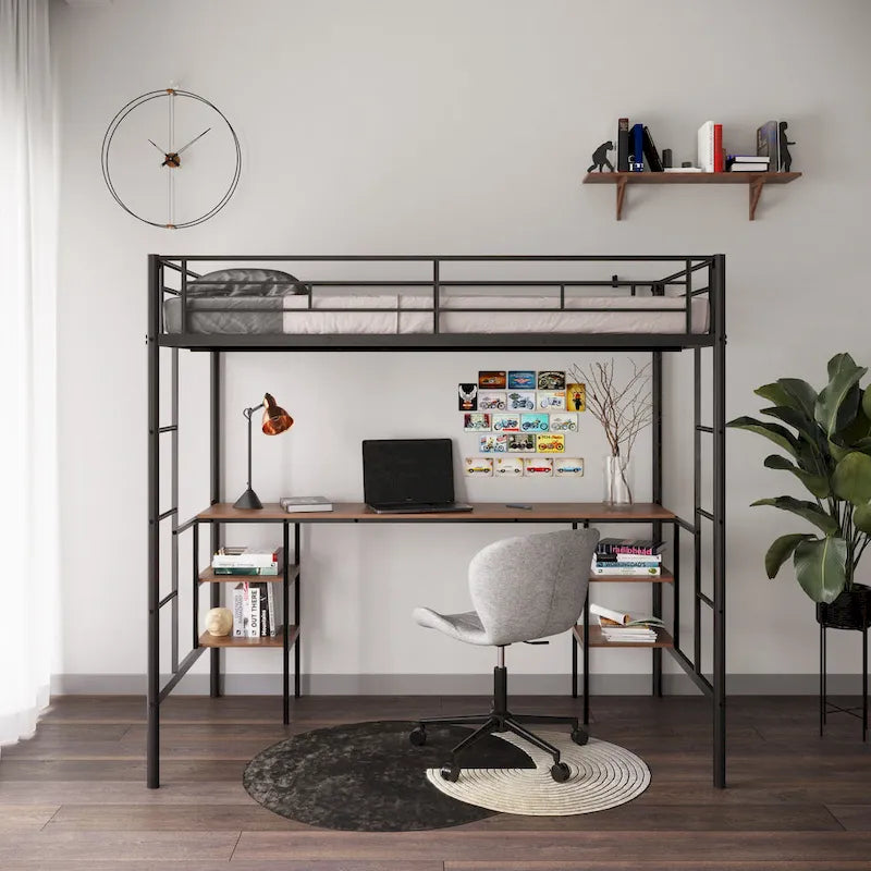 Twin Metal Loft Bed with Table & Shelves