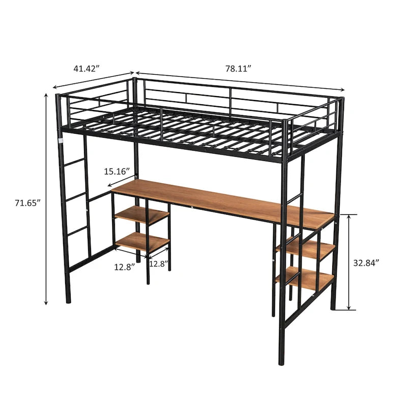 Twin Metal Loft Bed with Table & Shelves