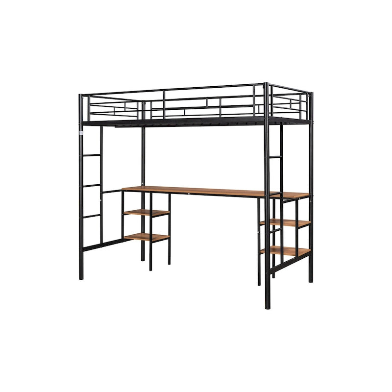 Twin Metal Loft Bed with Table & Shelves