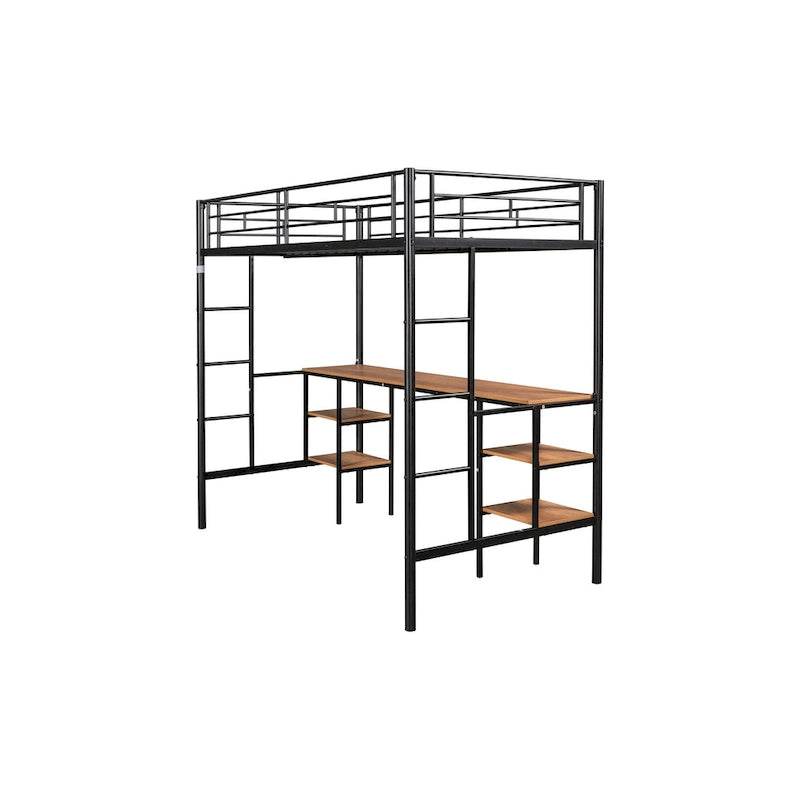 Twin Metal Loft Bed with Table & Shelves