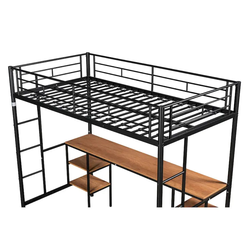 Twin Metal Loft Bed with Table & Shelves