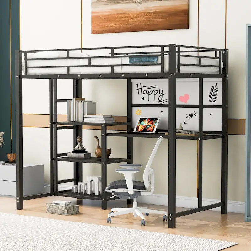 Black Metal Loft Bed with Desk, Whiteboard, and 3 Shelves, Includes Ladder