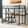 Black Metal Loft Bed with Desk, Whiteboard, and 3 Shelves, Includes Ladder