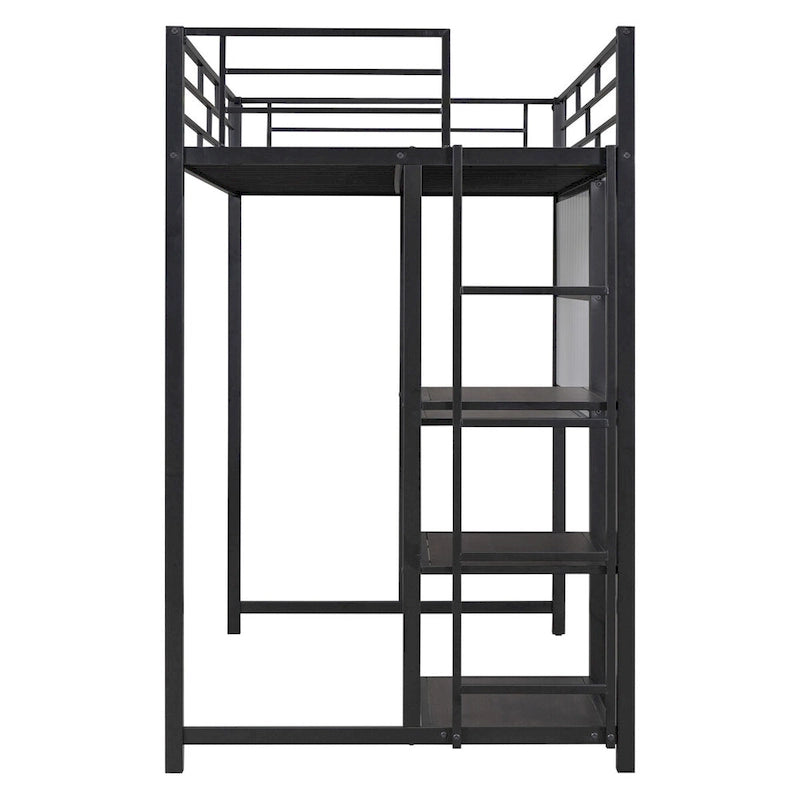 Black Metal Loft Bed with Desk, Whiteboard, and 3 Shelves, Includes Ladder