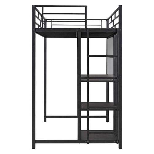 Black Metal Loft Bed with Desk, Whiteboard and 3 Shelves
