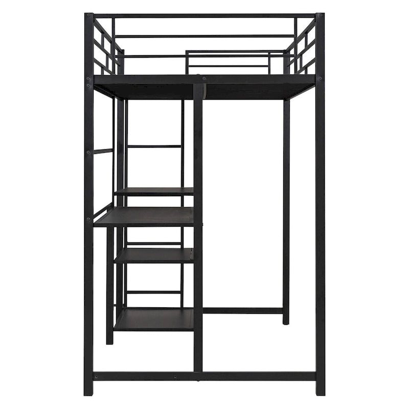 Black Metal Loft Bed with Desk, Whiteboard, and 3 Shelves, Includes Ladder
