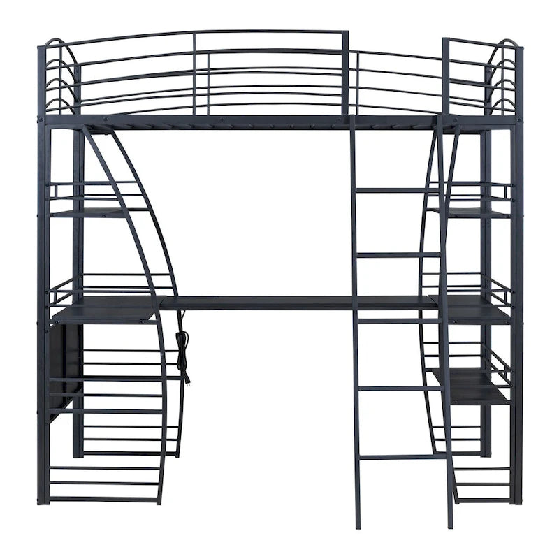 Black Metal Loft Bed with 4 Layers of Shelves, L-Shaped Desk, Sockets, USB Ports, Wireless Charging