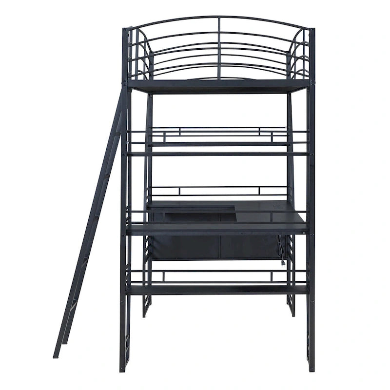Black Metal Loft Bed with 4 Layers of Shelves, L-Shaped Desk, Sockets, USB Ports, Wireless Charging