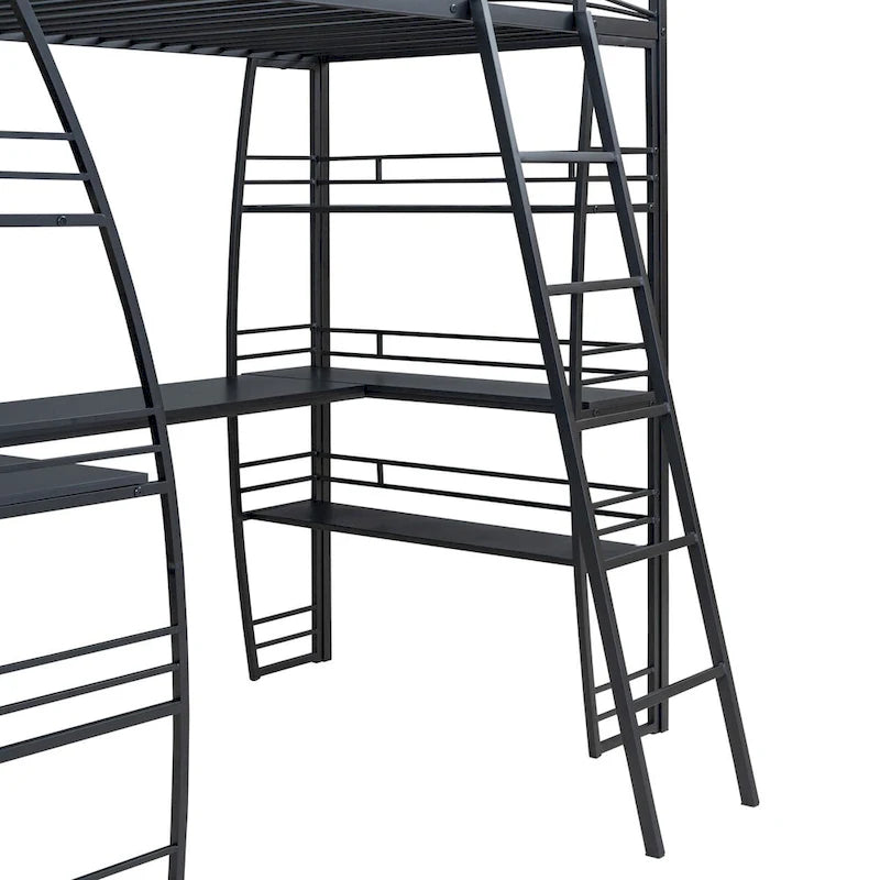 Black Metal Loft Bed with 4 Layers of Shelves, L-Shaped Desk, Sockets, USB Ports, Wireless Charging