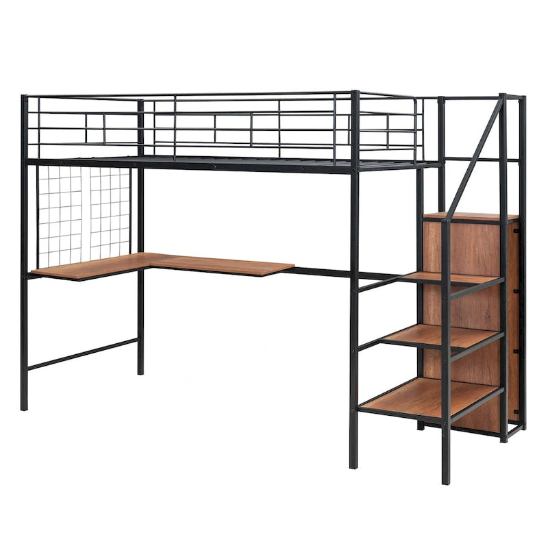 Twin Size Metal Loft Bed with Desk and Metal Grid, Stylish Metal Frame Bed with Lateral Storage Ladder and Wardrobe
