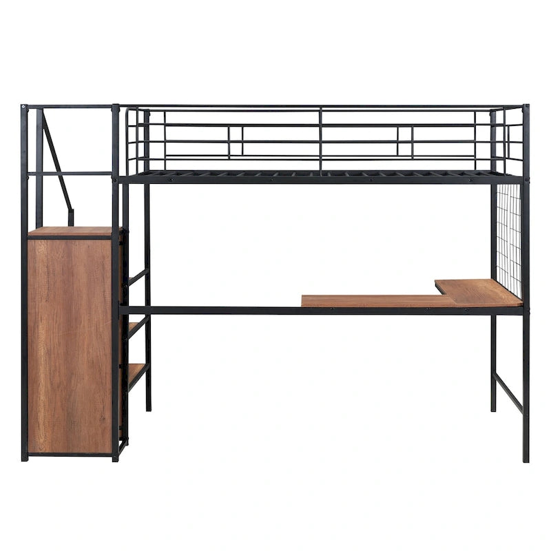 Twin Size Metal Loft Bed with Desk and Metal Grid, Stylish Metal Frame Bed with Lateral Storage Ladder and Wardrobe