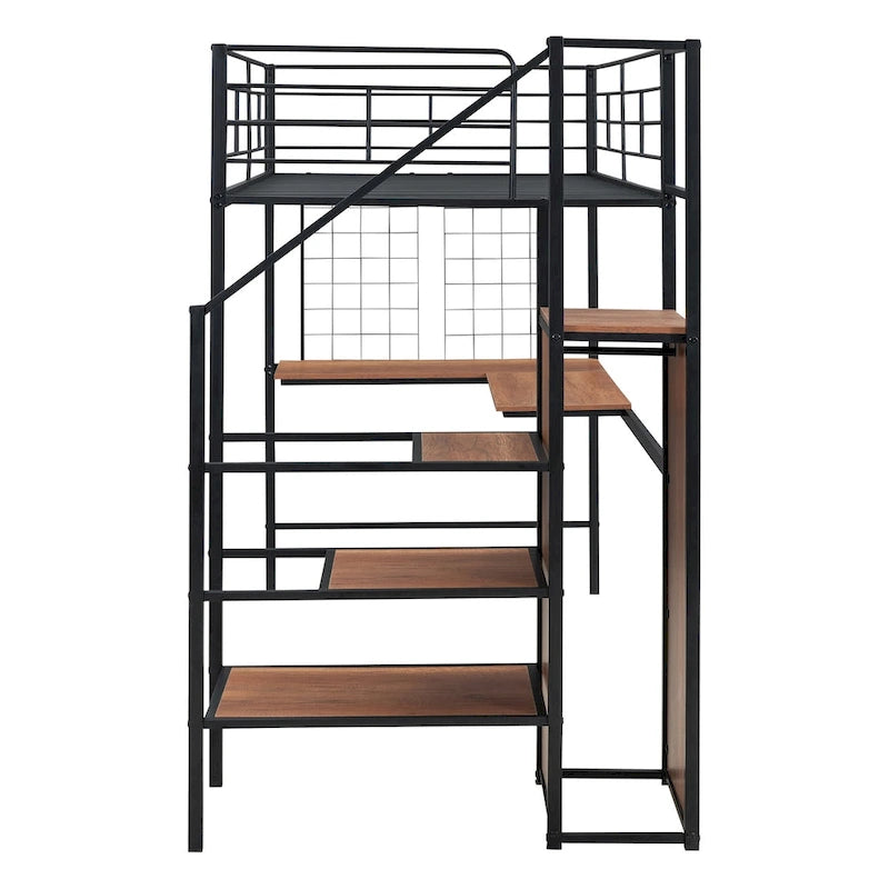 Twin Size Metal Loft Bed with Desk and Metal Grid, Stylish Metal Frame Bed with Lateral Storage Ladder and Wardrobe