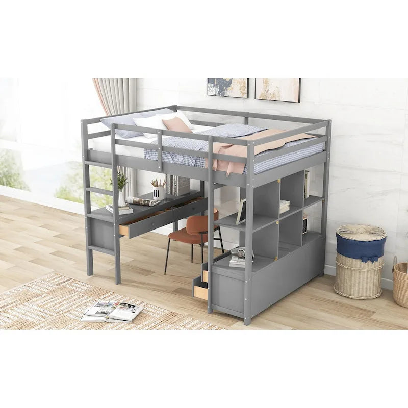 Gray Pinewood Loft Bed with Built-in Desk, Drawers, Shelves, and Storage Cabinets