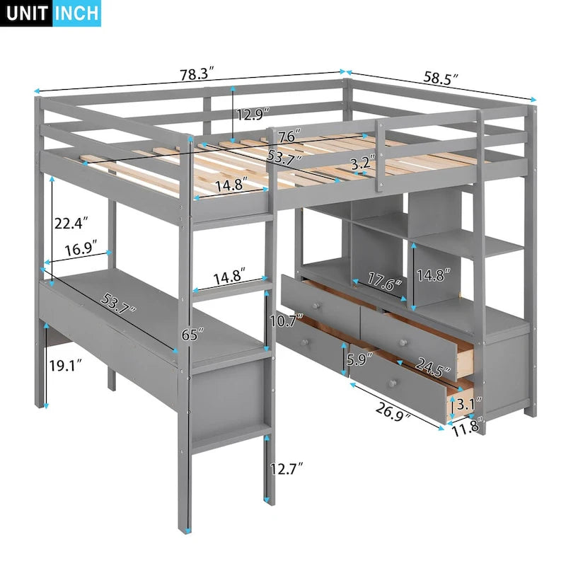 Gray Pinewood Loft Bed with Built-in Desk, Drawers, Shelves, and Storage Cabinets