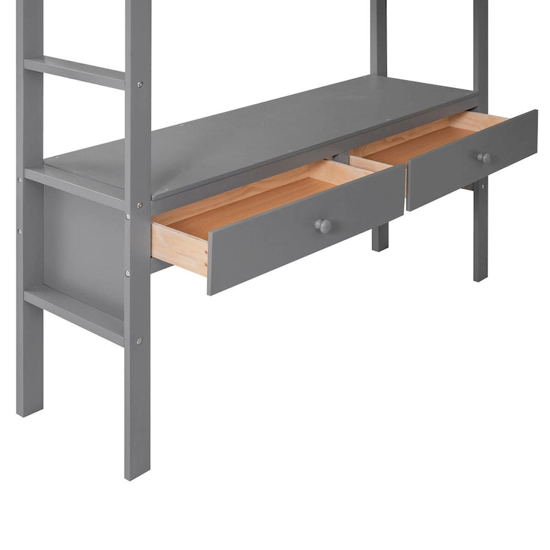 Gray Pinewood Loft Bed with Built-in Desk, Drawers, Shelves, and Storage Cabinets